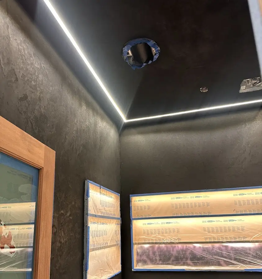 Black Marmorino powder room, master's work