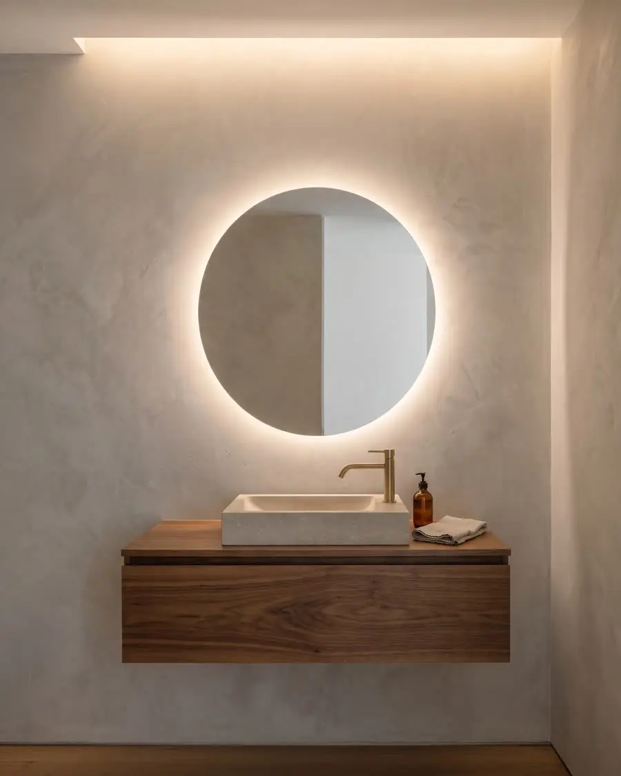 Powder room in warm grey mineral plaster with a concrete effect and a walnut vanity