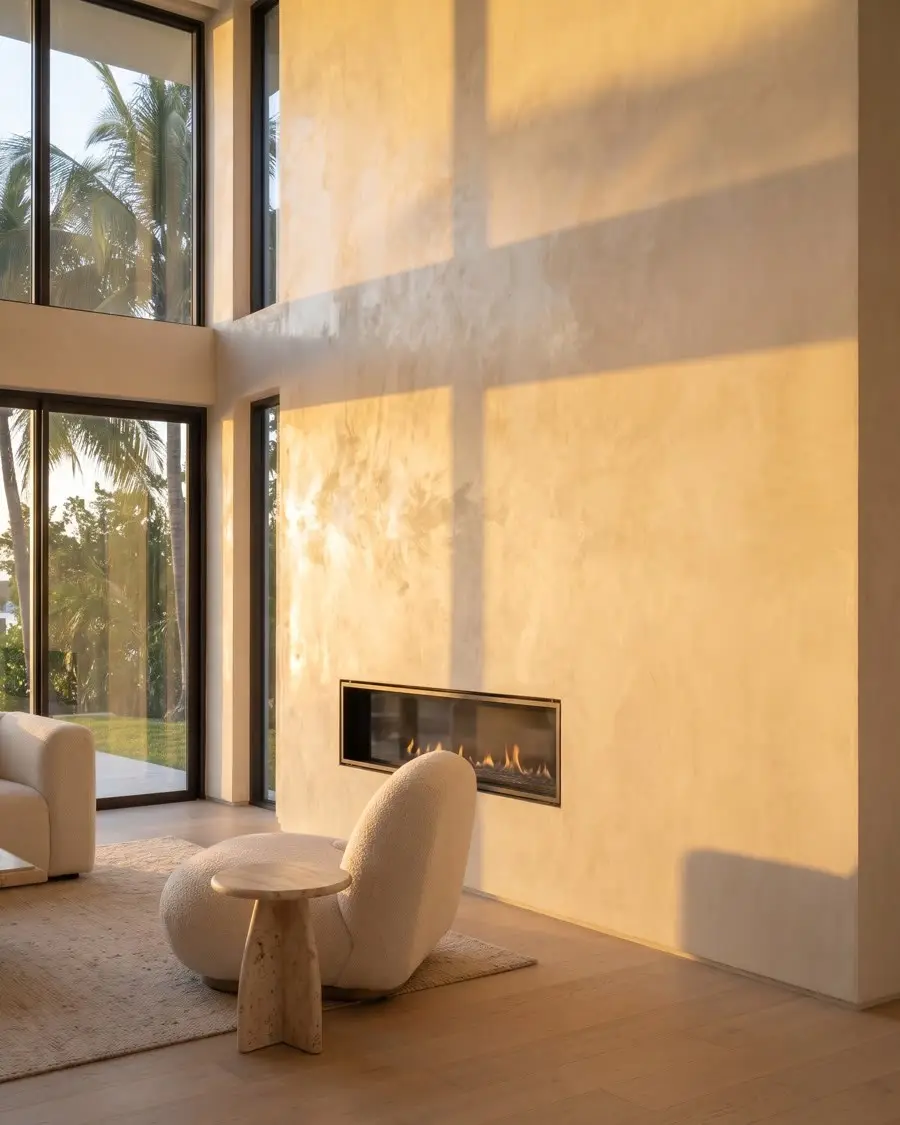 Warm ivory polished Venetian plaster wall with a linear fireplace in a sunlit living room