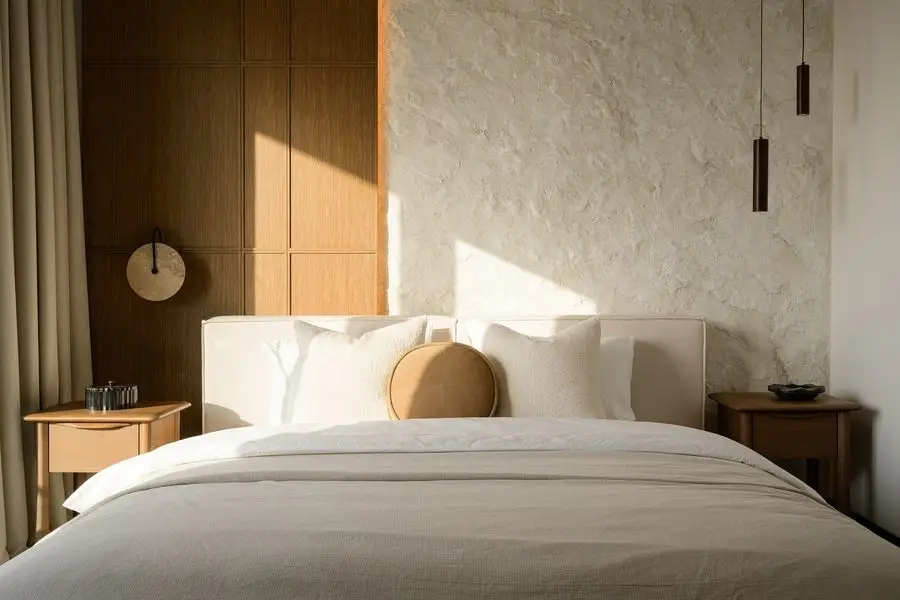 Bedroom with a textured plaster wall, walnut panel and linen bedding