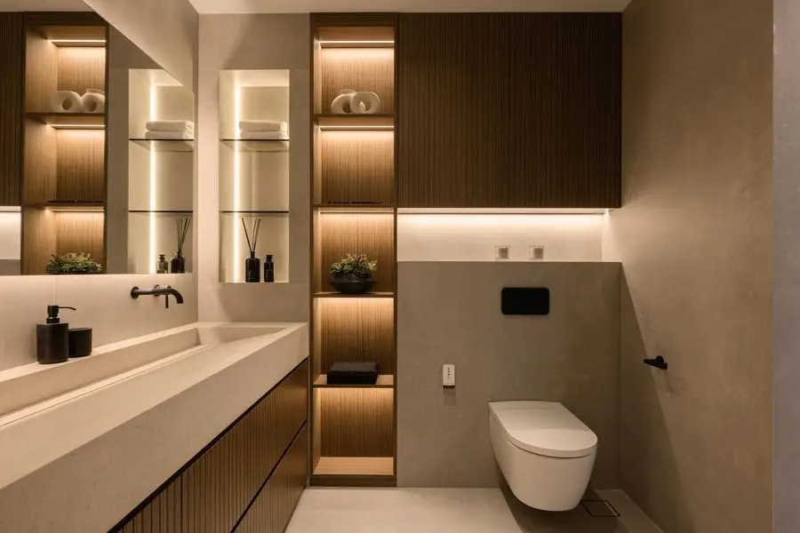 Bathroom with backlit shelving niches and a long stone vanity