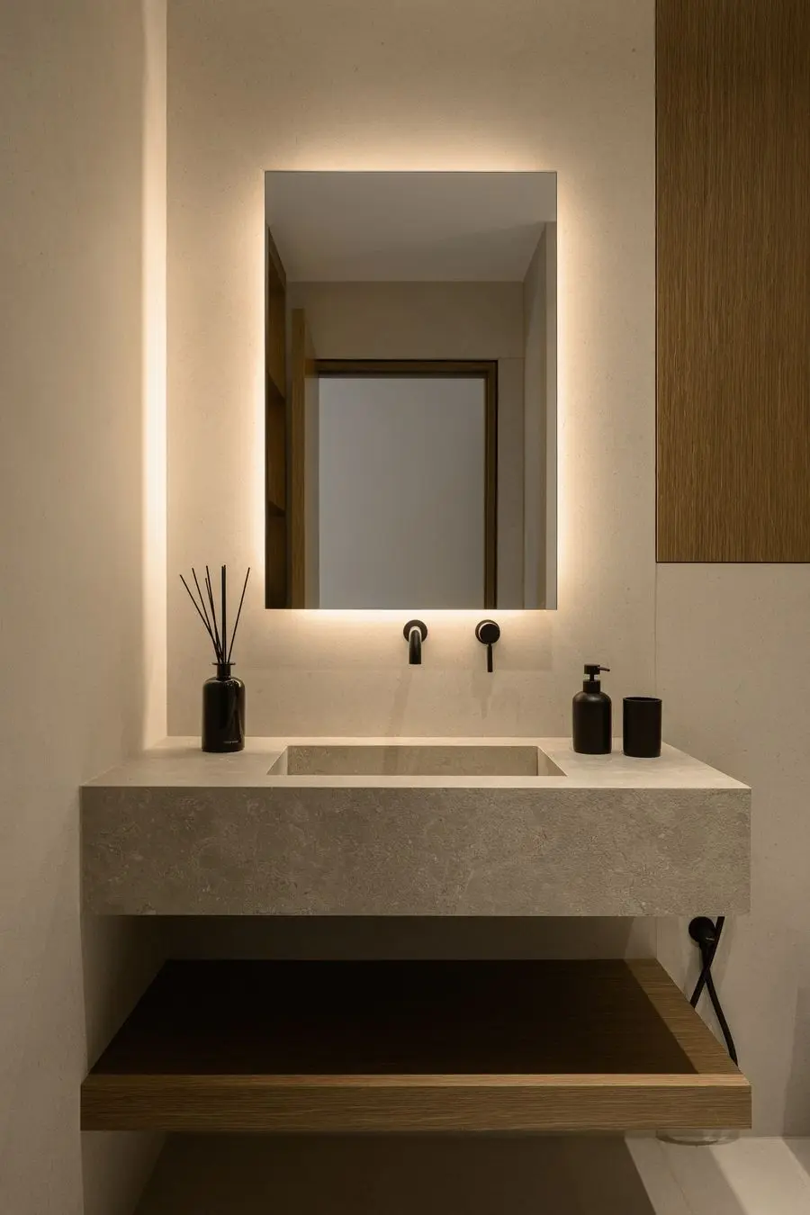 Floating stone basin under a backlit mirror