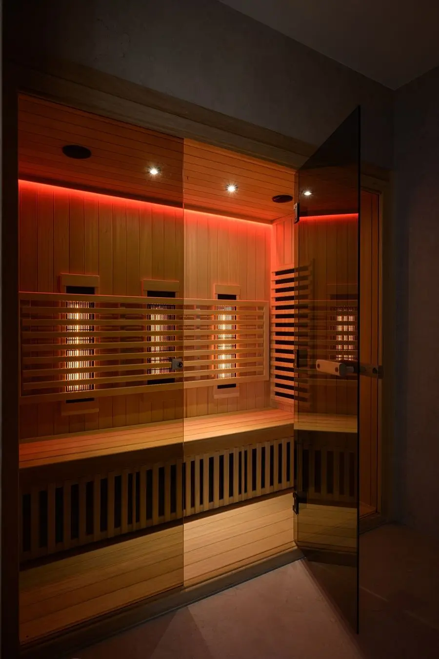 Timber infrared sauna with warm accent light
