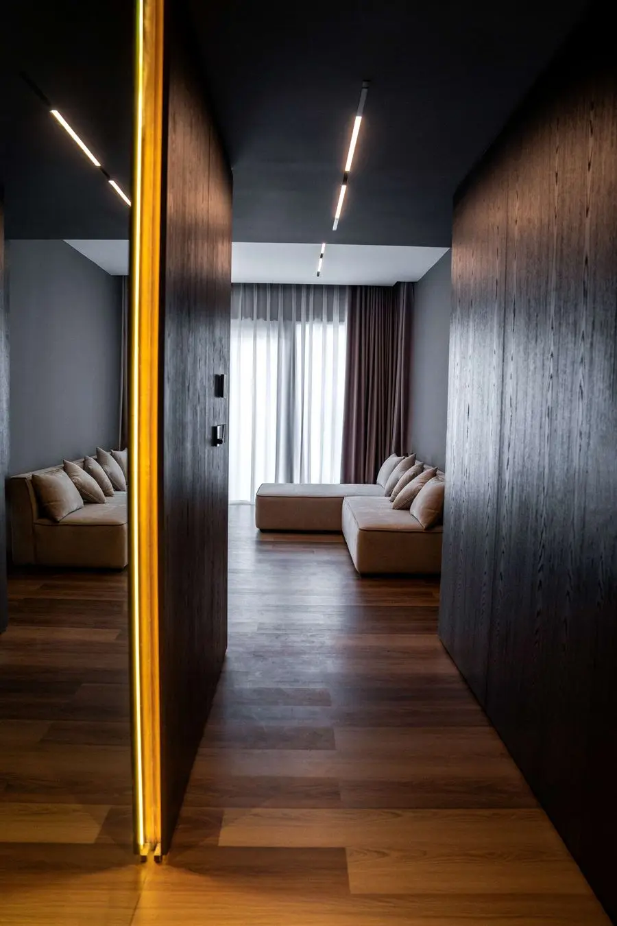 Dark wood hall with a vertical light strip toward the living room