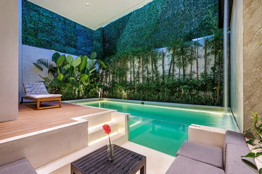 Courtyard pool with a timber deck and a vertical green wall