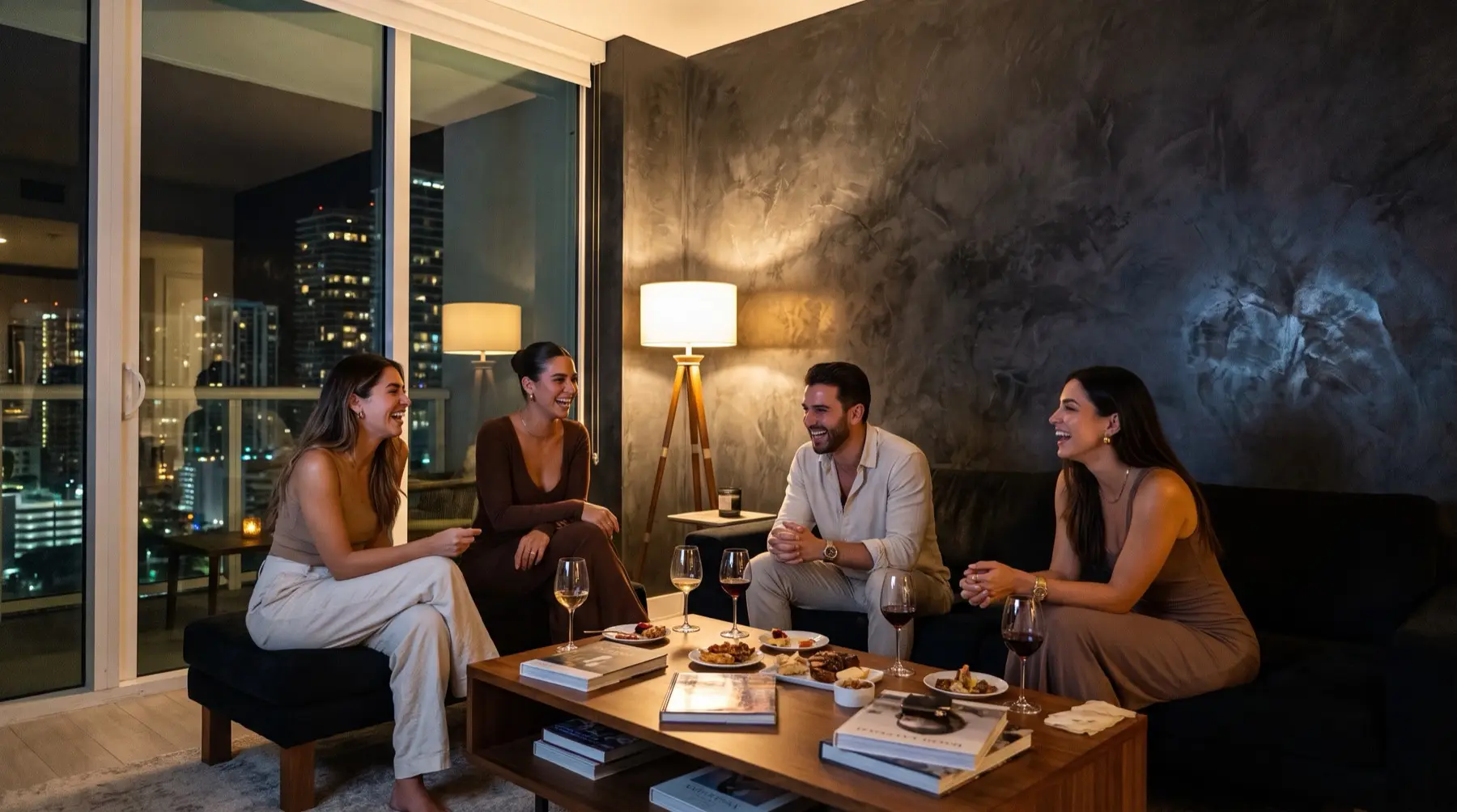 Friends gathered by a dark Venetian plaster wall in a Miami apartment at night